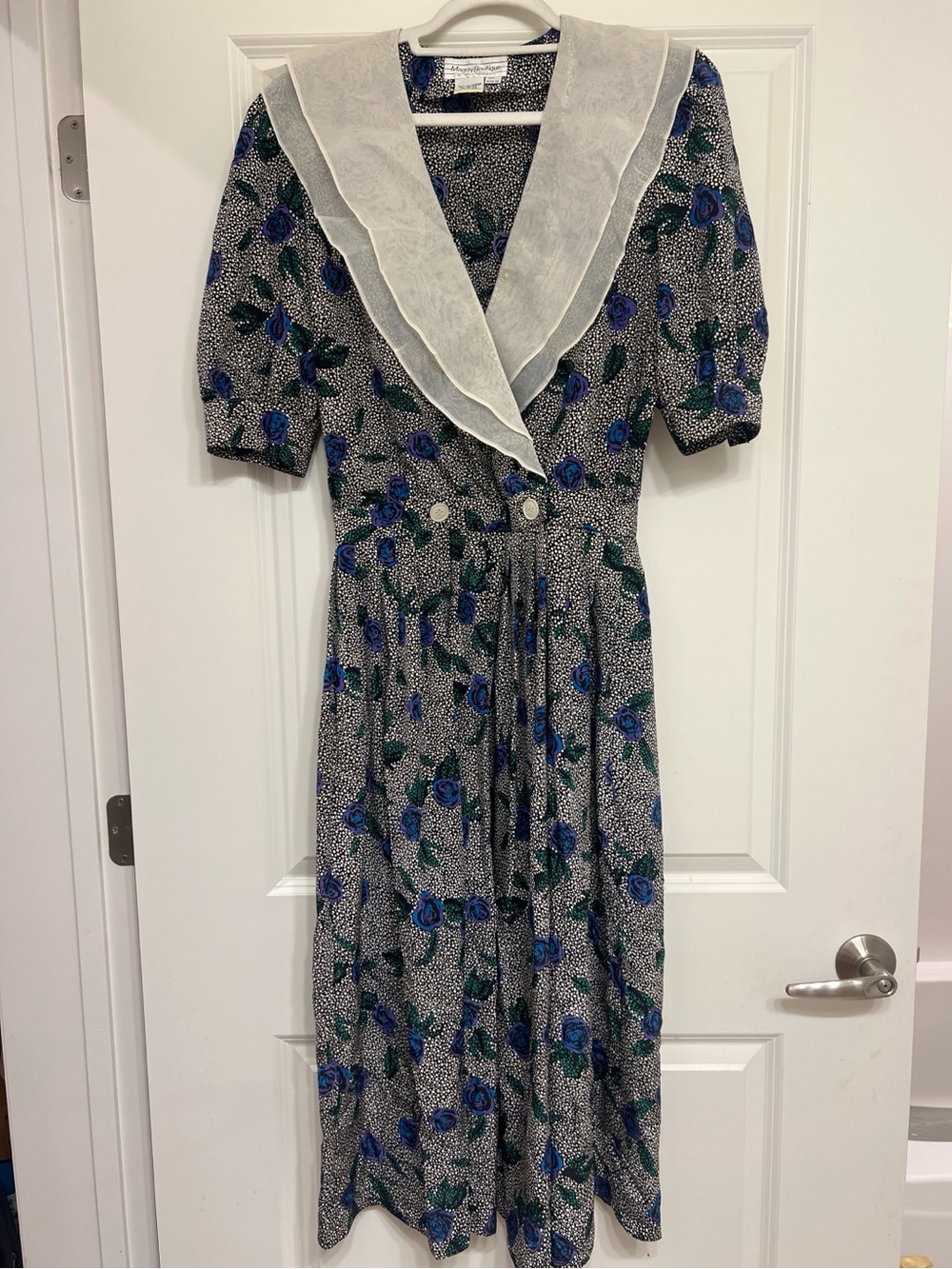 True Vintage Blue Floral Midi Dress with White Sailor Collar Detail
